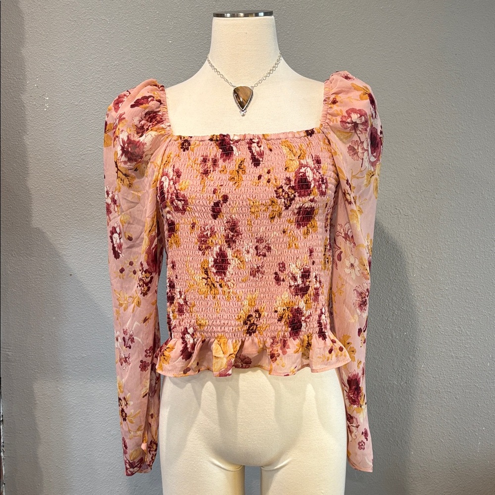 Express Floral Smocked Blouse - Pink and Purple
